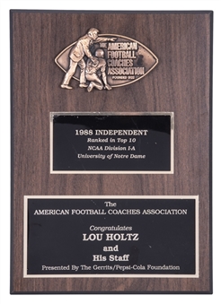 1988 The American Football Coaches Association Ranked In The Top 10 Congratulations Plaque Presented To Lou Holtz - National Championship Season! (Holtz LOA)